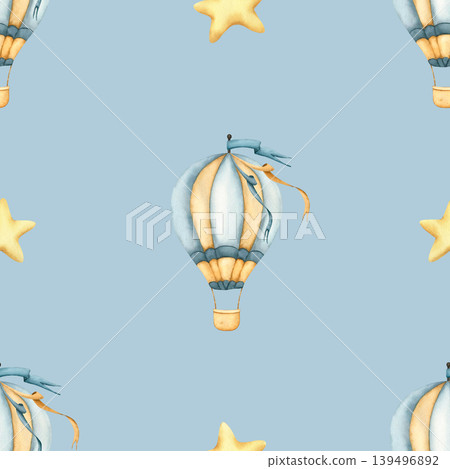 Seamless pattern with hot air balloons and stars. Childish wallpaper stars and Hot air Balloon. Watercolor illustration of floating balloons for kids goods, kids wallpaper, wrapping paper 139496892