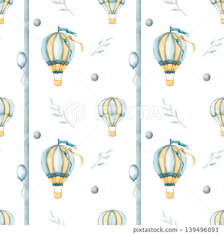 Seamless pattern with hot air balloons and balloon. Childish wallpaper with Hot air Balloon and vertical stripes. Watercolor illustration of floating balloons for kids goods, wallpaper, wrapping paper 139496893