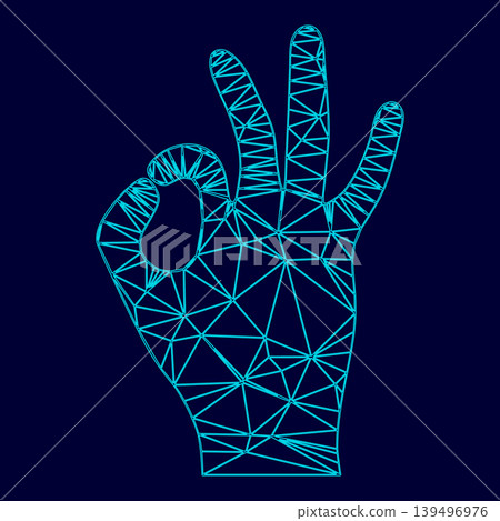 The sign perfectly shows the hand low poly triangulation triangulated polygonal electric cyan blue vibrant aqua neon color vector illustration image outline contour line 139496976