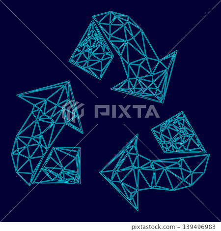 Recycling arrows in a circle low poly triangulation triangulated polygonal electric cyan blue vibrant aqua neon color vector illustration image outline contour line 139496983