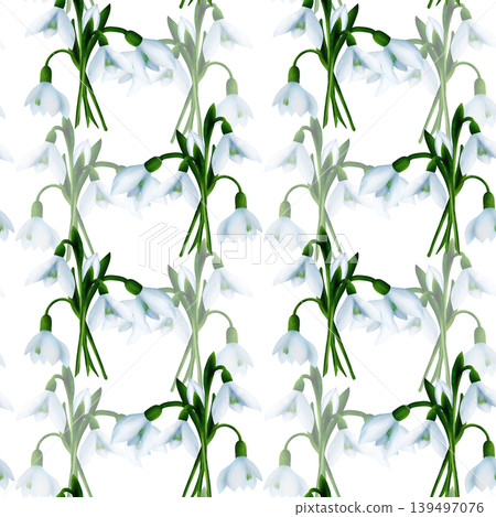White snowdrops, green branches. Seamless floral botanical pattern. Digital watercolor hand drawn White snowdrops, green branches. Seamless floral botanical pattern. Digital watercolor hand drawn 139497076