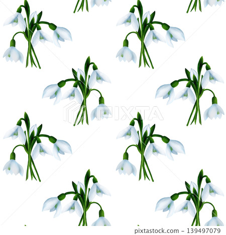 White snowdrops, green branches. Seamless floral botanical pattern. Digital watercolor hand drawn White snowdrops, green branches. Seamless floral botanical pattern. Digital watercolor hand drawn 139497079