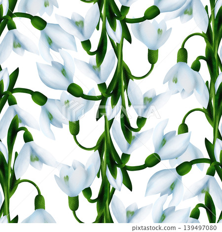 White snowdrops, green branches. Seamless floral botanical pattern. Digital watercolor hand drawn. For design of invitations, certificates, postcards, flyers, textiles, fabrics, stationery White snowdrops, green branches. Seamless floral botanical pattern. Digital watercolor hand drawn. For design of invitations, certificates, postcards, flyers, textiles, fabrics, stationery 139497080
