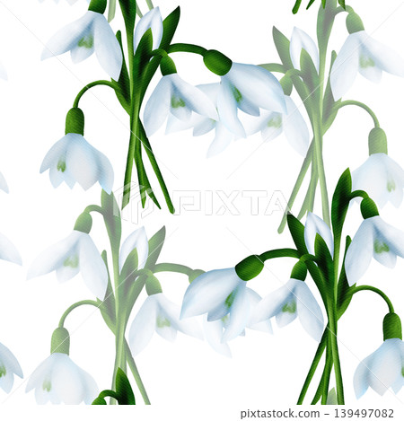 White snowdrops, green branches. Seamless floral botanical pattern. Digital watercolor hand drawn. For design of invitations, certificates, postcards, flyers, textiles, fabrics, stationery White snowdrops, green branches. Seamless floral botanical pattern. Digital watercolor hand drawn. For design of invitations, certificates, postcards, flyers, textiles, fabrics, stationery 139497082