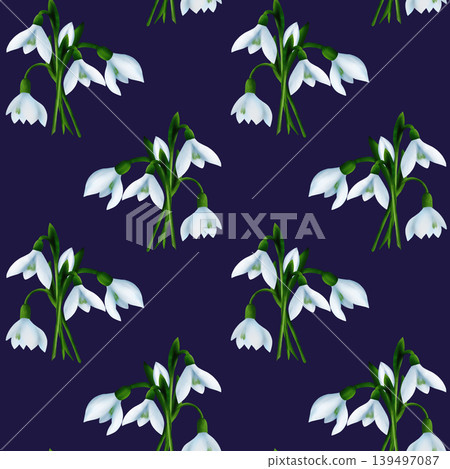 White snowdrops, green branches. Seamless floral botanical pattern. Digital watercolor hand drawn 139497087