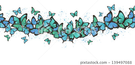 Delicate blue and green butterflies. Watercolor digital illustration. Seamless border 139497088