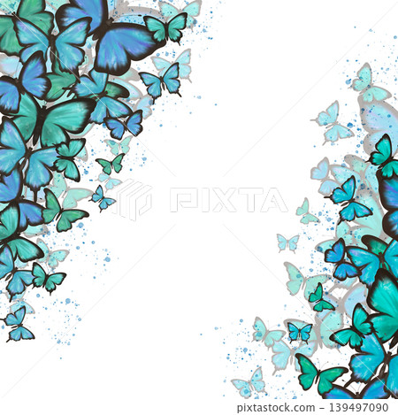 Square frame, poster, card of delicate blue and green butterflies, splashes Square frame, poster, card of delicate blue and green butterflies, splashes 139497090
