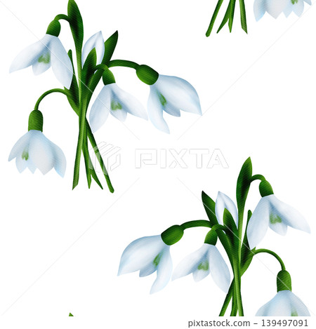 White snowdrops, green branches. Seamless floral botanical pattern. Digital watercolor hand drawn White snowdrops, green branches. Seamless floral botanical pattern. Digital watercolor hand drawn 139497091