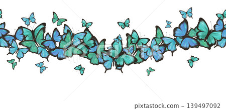 Delicate blue and green butterflies. Watercolor digital illustration. Seamless border Delicate blue and green butterflies. Watercolor digital illustration. Seamless border 139497092
