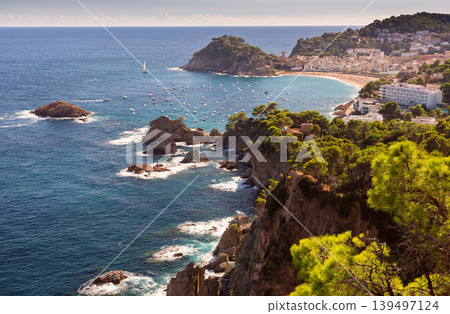 Rocky Mediterranean coastline near Tossa de Mar with pine trees in Catalonia 139497124