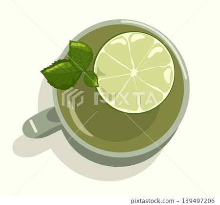 Minimalist Ceramic Mug of Green Tea Vector Top View with Fresh Lime Slice Mint Leaves and Water Ripples for Wellness Branding Relaxation Lifestyle Design Minimalist Ceramic Mug of Green Tea Vector Top View with Fresh Lime Slice Mint Leaves and Water Ripples for Wellness Branding Relaxation Lifestyle Design 139497206