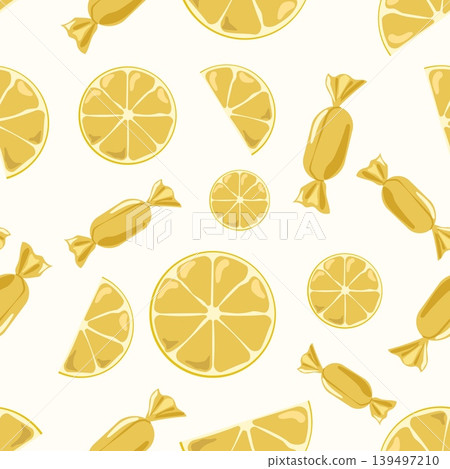 Minimalist Seamless Pattern Vector with Fresh Lemon Slices and Golden Wrapped Candies for Citrus Food Branding Textile and Sweet Packaging Design Minimalist Seamless Pattern Vector with Fresh Lemon Slices and Golden Wrapped Candies for Citrus Food Branding Textile and Sweet Packaging Design 139497210