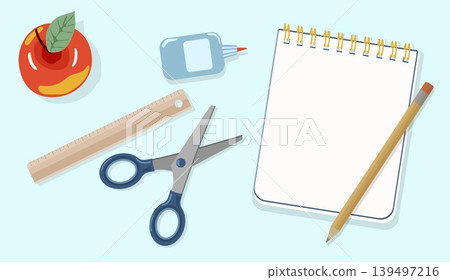 Minimalist School Desk Flat Lay Vector Open Notebook with Scissors Ruler Pencil and Red Apple for Back to School Branding and Creative Education Design Minimalist School Desk Flat Lay Vector Open Notebook with Scissors Ruler Pencil and Red Apple for Back to School Branding and Creative Education Design 139497216