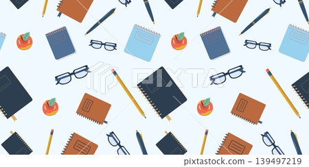 Minimalist Stationery Seamless Pattern Vector Back to School Background with Notebooks Pencils Glasses and Apples for Wrapping Paper and Textile Design Minimalist Stationery Seamless Pattern Vector Back to School Background with Notebooks Pencils Glasses and Apples for Wrapping Paper and Textile Design 139497219