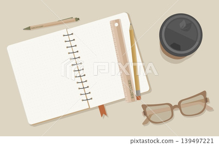 Minimalist Eco Workspace Flat Lay Vector Open Kraft Notebook with Dot Grid Paper Coffee Cup and Glasses for Sustainable Branding and Digital Planning 139497221
