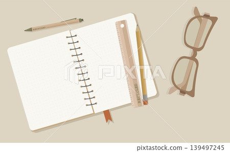 Minimalist Open Kraft Notebook Vector Top View with Dot Grid Paper Wooden Ruler and Glasses Professional Academic Stationery Flat Lay for Branding Design 139497245