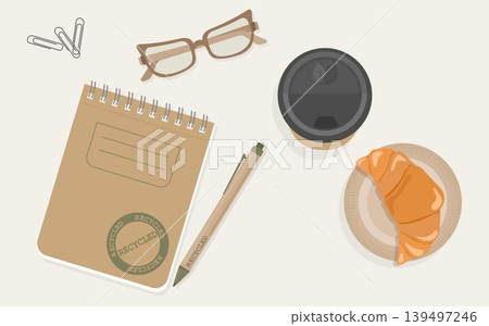Minimalist Coffee and Croissant Vector Set Top View of Takeaway Paper Cup and French Pastry on Plate for Breakfast Branding and Cafe Design Assets 139497246