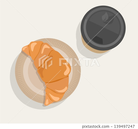 Minimalist Coffee and Croissant Vector Set Top View of Takeaway Paper Cup and French Pastry on Plate for Breakfast Branding and Cafe Design Assets 139497247