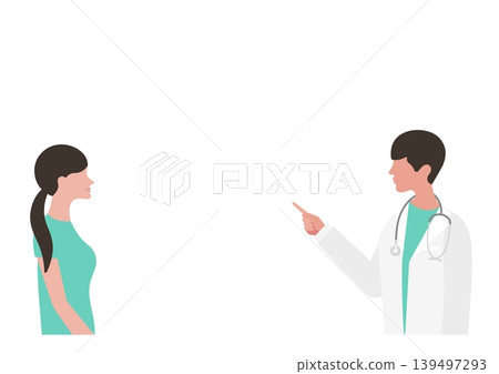 Vector illustration of a doctor pointing and explaining to a woman. Vector illustration of a doctor pointing and explaining to a woman. 139497293