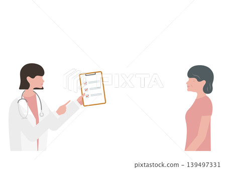 Vector illustration of a female doctor explaining a checklist to an elderly woman. Vector illustration of a female doctor explaining a checklist to an elderly woman. 139497331