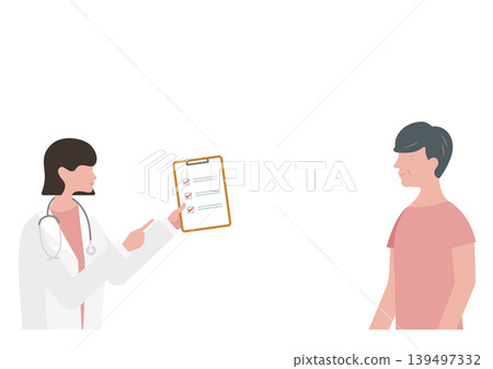 Vector illustration of a female doctor explaining a checklist to an elderly man. Vector illustration of a female doctor explaining a checklist to an elderly man. 139497332