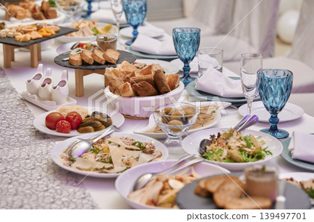 Exquisite dining spread at a joyful celebration Exquisite dining spread at a joyful celebration 139497701