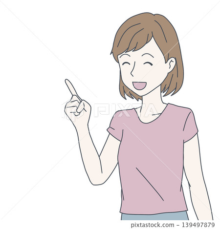 An illustration of a woman smiling and pointing (upper body, explanation, key points). 139497879