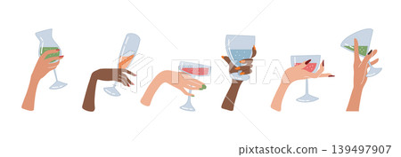 Diverse Hands Holding Stemmed Glasses Set Diverse Hands Holding Stemmed Glasses Set 139497907