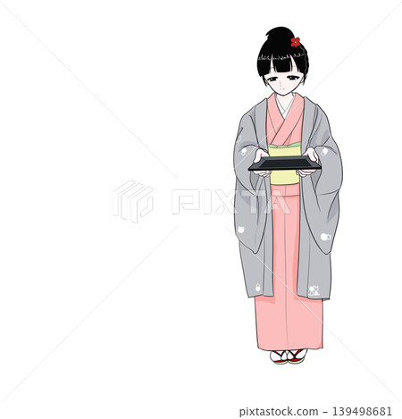 一位穿著和服的女子將錢盤遞給顧客。 139498681