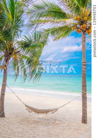 Hanging hammock for relaxing on palm trees on sandy beach by sea at a resort in the tropics in summer. Landscape is the concept of paradise vacation 139498701