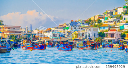 Panorama landscape with traditional Vietnamese ships at sea near fishing village in Vietnam Panorama landscape with traditional Vietnamese ships at sea near fishing village in Vietnam 139498929