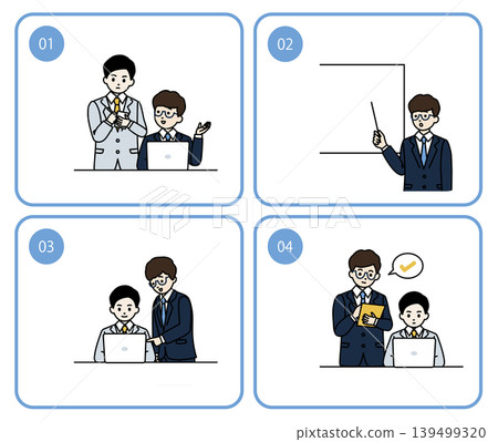 一組商業插圖,說明了在職培訓 (OJT) 的基本步驟:演示、解釋、讓受訓者嘗試和評估。 一組商業插圖,說明了在職培訓 (OJT) 的基本步驟:演示、解釋、讓受訓者嘗試和評估。 139499320