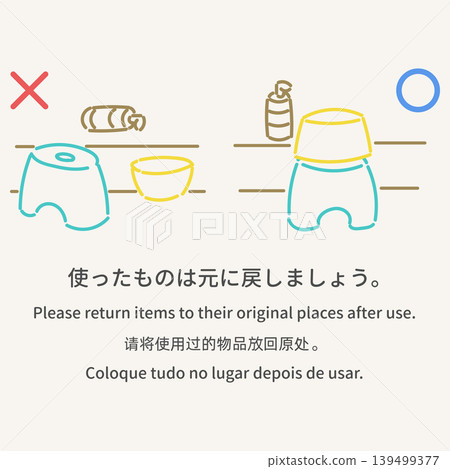 Multilingual bathing etiquette guide illustration: "Please put things back where they belong after use." Multilingual bathing etiquette guide illustration: "Please put things back where they belong after use." 139499377