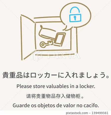 Multilingual bathing etiquette guide illustration: "Please put your valuables in the locker." Multilingual bathing etiquette guide illustration: "Please put your valuables in the locker." 139499381