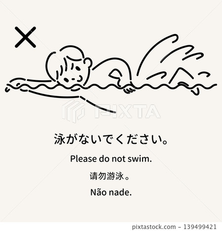 Multilingual bathing etiquette guide illustration: "Please do not swim in the bathtub." 139499421