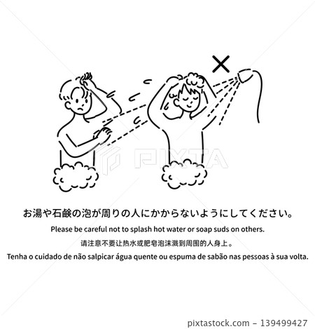 多語種沐浴禮儀圖解:“請注意不要將熱水或肥皂泡沫濺到他人身上。” 多語種沐浴禮儀圖解:“請注意不要將熱水或肥皂泡沫濺到他人身上。” 139499427