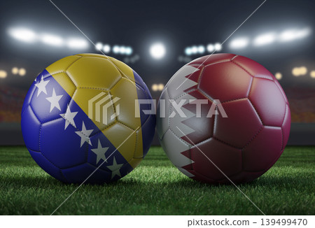 Two soccer balls in flags colors on a stadium blurred background. Bosnia and Herzegovina vs Qatar. 3D image. 139499470