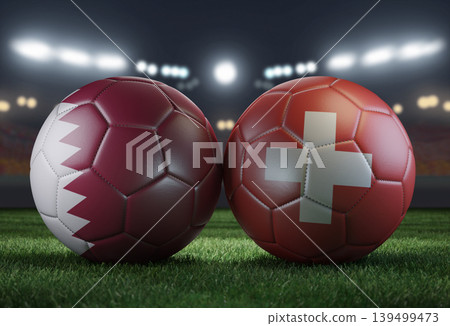 Two soccer balls in flags colors on a stadium blurred background. Qatar and Switzerland. 3D image. 139499473