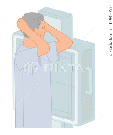 Senior men undergo a lateral chest X-ray during a hospital health checkup. Senior men undergo a lateral chest X-ray during a hospital health checkup. 139499555