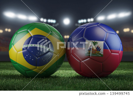 Two soccer balls in flags colors on a stadium blurred background. Brazil and Haiti. 3D image. 139499745