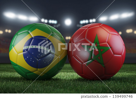 Two soccer balls in flags colors on a stadium blurred background. Brazil and Morocco. 3D image. 139499746