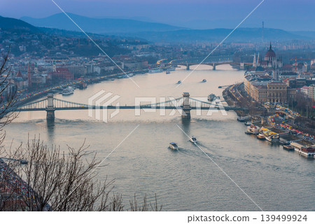 Explore breathtaking views of Budapest's iconic bridges and Danube River at dusk Explore breathtaking views of Budapest's iconic bridges and Danube River at dusk 139499924