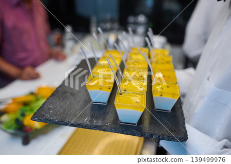 Elegant dessert display at a gourmet event Elegant dessert display at a gourmet event 139499976