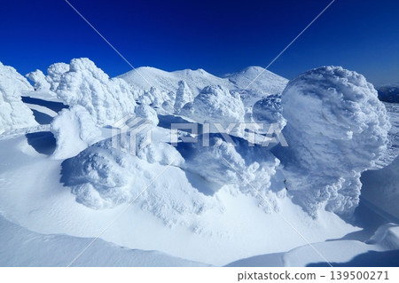 美麗的白雪皚皚的八甲田山脈，樹木上覆蓋著霜花。 139500271
