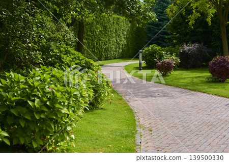 Winding pathway surrounded by lush greenery in a serene garden setting Winding pathway surrounded by lush greenery in a serene garden setting 139500330