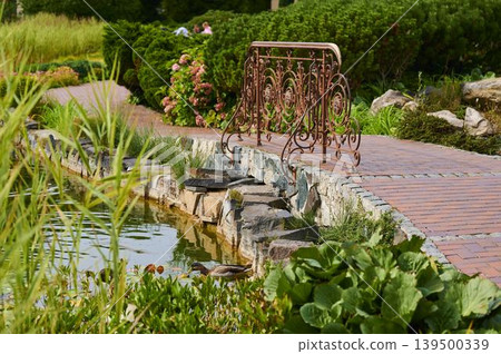 Beautiful garden pathway with charming bridge and peaceful pond in summer 139500339