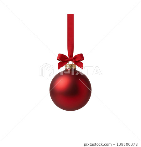Red christmas ball with ribbon and bow isolated for holiday decoration 139500378