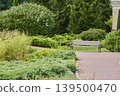 Relaxing with nature in a beautiful garden pathway surrounded by lush greenery 139500470