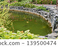 Tranquil pond surrounded by vibrant greenery and charming stones in a serene garden 139500474