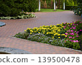 Colorful garden blooms brighten the winding pathway on a sunny day 139500478